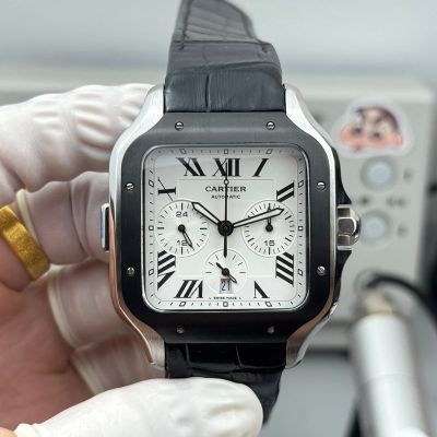 Santos De Cartier WSSA0017 7750 Movement White Face Black Leather Strap Watch